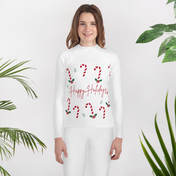 Youth Rash Guard - Happy Holidays (White Background)