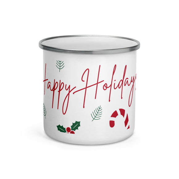 Enamel Mug - Happy Holidays candy canes