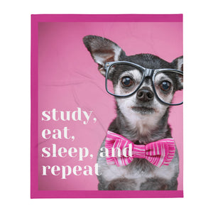 Throw Blanket - Chihuahua in Glasses "Study, Eat, Sleep and Repeat" (Vertical Orientation)