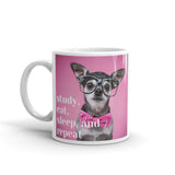 White glossy mug - Chihuahua in Glasses "Study, Eat, Sleep, and Repeat"