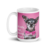 White glossy mug - Chihuahua in Glasses "Study, Eat, Sleep, and Repeat"